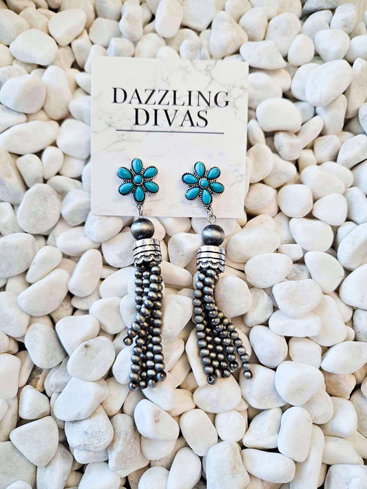 Turquoise Beaded Dangle Flower Earrings